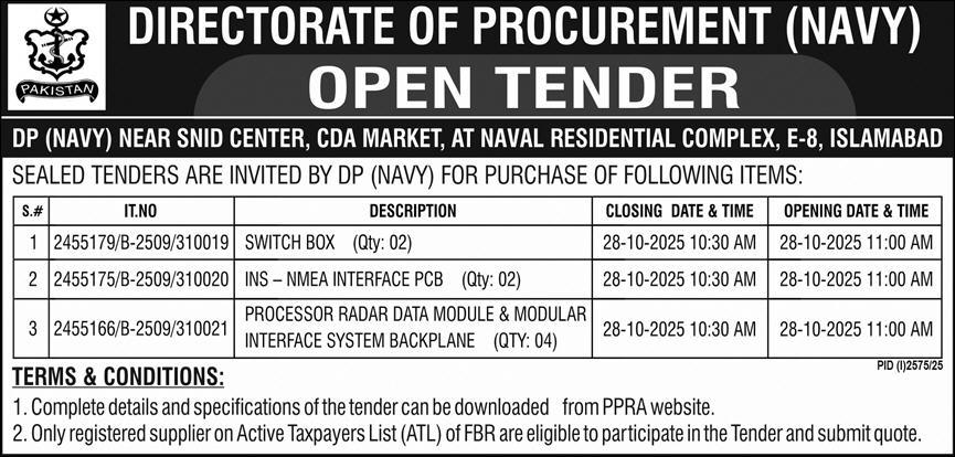 Pakistan Navy Islamabad Tender Notice